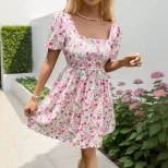 Summer Floral Print Dress Sweet Puff Sleeves Square Neckline Lightweight Fabric Perfect for Casu