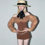 Off Shoulder Vintage Mesh Long Sleeve Top and Bodycon Mini Skirt Set Sexy Elegant Autumn Wholesa