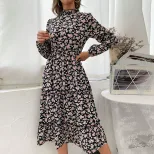 Long Sleeve High Neck Pleated Floral Dress for Women Black Autumn Winter Fashion