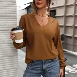Womens Long Sleeve V Neck T Shirt Waffle Knit Fabric Autumn Fashion Wholesale Available bulk ord