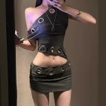 Gray Asymmetrical Shoulder Bodycon Dress for Women Spring Fashion Slim Fit Hollow Out Design