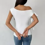Womens Off Shoulder T Shirt Sexy Asymmetrical Neckline Short Length Unique Design Spring Summer