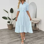 Striped Puff Sleeve Shirt Dress Summer Long Dress for Dating and Commuting Lightweight Stylish C