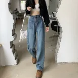 高腰阔腿牛仔裤女2023春季新款学生小众直筒宽松垂感显瘦拖地长裤