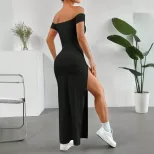 Elegant Black Off Shoulder Midi Dress Sexy Split Design Spring Summer Fashion Wholesale Availabl