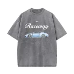 Loose Fit European Style Car Print Short Sleeve T Shirt for Women Summer Wash Effect Vintage Des