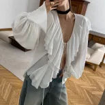 Chiffon Cardigan Top Ruffled Hem Lantern Sleeves Stylish Elegant Autumn Fashion for Women Wholes
