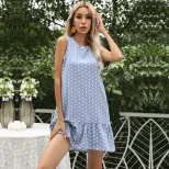 Sleeveless Ruffle Hem Dress Round Neck Polka Dot Pattern Summer Casual Wear Available in Blue Wholesale Sizes S