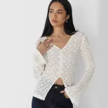 Lace Hollow Out Top Pearl Button Split Design Fitted Bell Sleeve Elegant Casual Wear for Women W