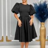 A Line Dress Round Neck Puff Sleeves Waist Defined Flowy Hem Elegant Evening Wear Wholesale Avai