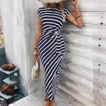 Elegant Striped Maxi Dress Waist Tie Round Neck Short Sleeve Summer Fashion for Women Wholesale
