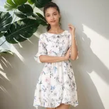 Floral Chiffon Dress Sweet Summer Style Slim Fit Flared Sleeves A Line Silhouette Perfect for Ca