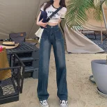 设计高腰大口袋牛仔裤女蓝灰宽松遮肉休闲梨形小众拖地阔腿长裤子