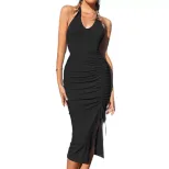 Womens Backless V Neck Bodycon Dress Ruching Detail Halter Neck Slim Fit Spring Summer Fashion W