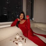 Red Long Sleeve Dress with Neck Scarf Elegant Fit Hepburn Style Perfect for Autumn and Winter Ev