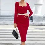Elegant Long Sleeve Bodycon Dress Square Neck Side Slit Figure Flattering Perfect for Parties an