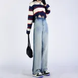 渐变撞色牛仔裤女2022秋冬新款韩版高腰显瘦设计感垂感阔腿拖地裤
