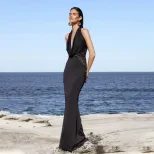Elegant Lace Trimmed Mermaid Dress Halter Neck V Neck Backless Slim Fit Evening Gown for Formal