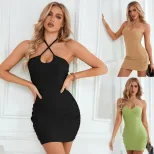 Elegant V Neck Sleeveless Dress Spring Summer Solid Color Tie Neck Short Length Wholesale Availa
