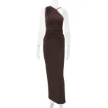 Elegant Womens Bodycon Dress Solid Color Asymmetrical Shoulder Sleeveless Ruched Design Spring S