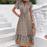Floral A Line Dress for Women Short Sleeve Khaki Summer Casual Wear OEM ODM service