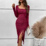 A Line Dress Slim Fit Drawstring Split Design Long Sleeve Square Neck Spring Summer Fashion Whol