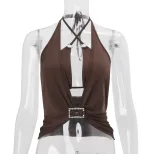 Womens Spring Sexy Hollow Out Deep V Neck Solid Color Halter Top and Bottom Set Trendy Chic Vers