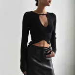Womens Long Sleeve Cropped Top Hollow Out Design Ribbed Fabric Sexy Style Perfect for Fall Fashi