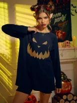 Halloween Printed Long Sleeve Sweatshirt Loose Fit Trendy Design Comfortable Fabric Womens Fashi