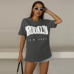 Loose Fit Printed Black T Shirt for Women Summer Style Round Neck Casual Wear Wholesale Availabl