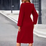Elegant Midi Dress Side Slit Square Neck Waist Cinching Flattering Fit Perfect for Parties and F