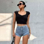 V Neck Ruched Slim Fit T Shirt Stretchy Cropped Solid Color Short Sleeve Summer Casual Wear Whol