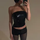 Womens Sexy Strapless Crop Top and Ultra Short Shorts Set Trendy Sequined Design Perfect for Par