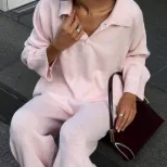 Womens Autumn Winter Solid Color Polo Neck Sweater Set Loose Fit Knit Sweater and Wide Leg Pants