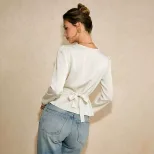 Satin Long Sleeve Blouse for Women V Neck Waist Tie Slim Fit Elegant Style Perfect for Casual or