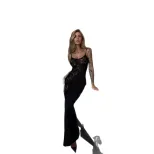 Lace Panel Irregular Hollow Out Bodycon Maxi Dress Slim Fit Elegant Style Solid Color Perfect fo