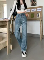 直筒阔腿牛仔裤女2023早春新款学生高腰显瘦宽松小个子直筒长裤潮