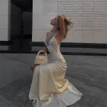 V Neck Satin Maxi Dress French Style Elegant Design Color Block Summer Fashion Wholesale Availab