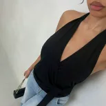 French Style Womens Summer Top Unique Halter Neck Deep V Backless Design Casual Wear for Fashion