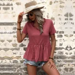Casual V Neck Loose Fit T Shirt Summer Style Solid Color Short Sleeve Wholesale Available custom