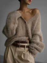 Womens Oversized Knit Cardigan Soft Faux Mink Fabric Long Sleeves Casual Style Perfect for Sprin