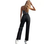 Womens Casual Ripped Denim Pants Trendy Chain Detail Stylish Fit Comfortable Fabric Perfect for