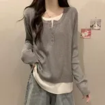 Gray Knit Two Piece Style Top for Women Loose Fit Long Sleeve Casual Layering Shirt Fall Winter Collection Wholesale