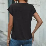 Casual Short Sleeve T Shirt for Women Round Neck Button Front Solid Color Versatile Everyday Wea