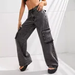 High Waisted Loose Fit Denim Cargo Pants Plus Size Big Pockets Comfortable Fabric Casual Wear fo