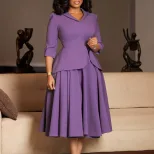Plus Size Womens Dress Autumn Fashion Solid Color Three Quarter Sleeve Suit Collar Flared Skirt