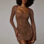 Bodycon Mini Dress Long Sleeve Square Neck Rhinestone Embellished Sheer Mesh Night Out Party Wea