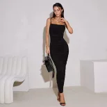 French Style Off Shoulder Bodycon Dress Pleated Design Solid Color Slim Fit Long Length Perfect