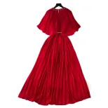 Chic Womens Pleated Chiffon Dress with Rhinestone Detail and Waist Tie Round Neck Short Sleeve Available in Multiple Colors
