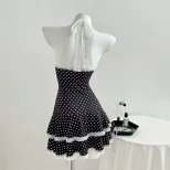 Lace Trim Polka Dot A Line Dress Adjustable Spaghetti Straps Waist Cinching Elegant Style Perfec